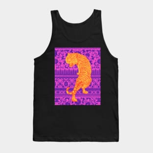 Hong Kong Neon Orange Tiger with Purple and Pink Floral Pattern - Animal Lover Tank Top